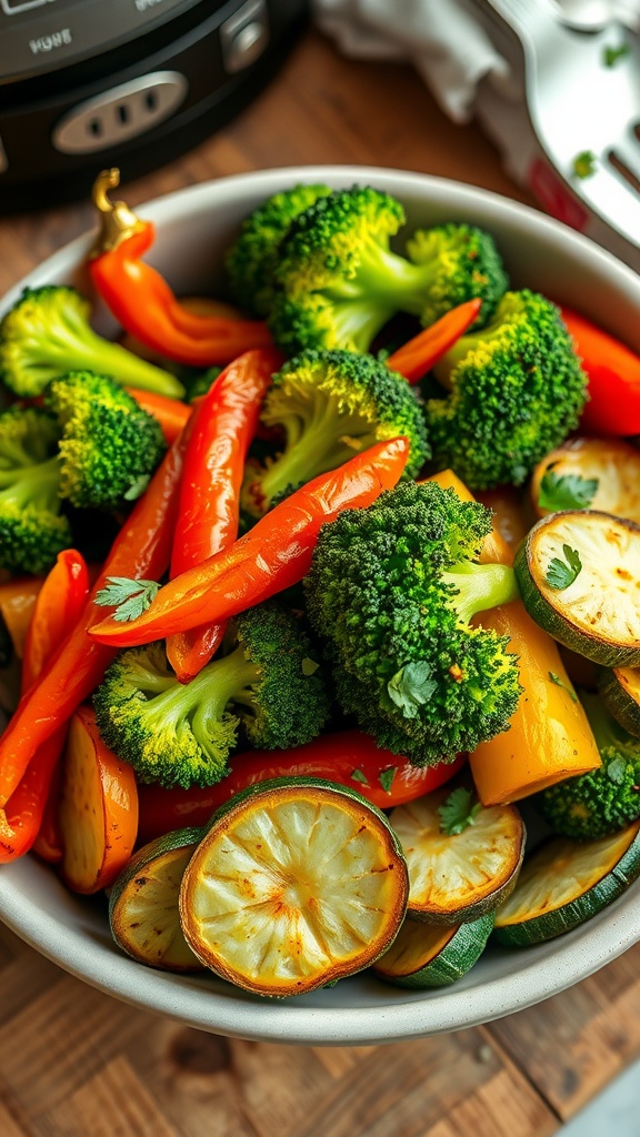 A colorful medley of air-fried vegetables including broccoli, bell peppers, and zucchini in a rustic kitchen.